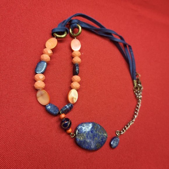 Blue Gemstone Orange Beads Blue Cord Necklace Boho Chic - Picture 2 of 9